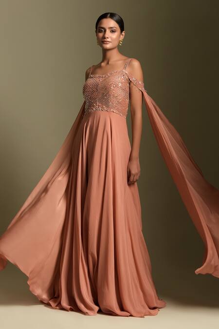 Two Sisters By Gyans Peach Crepe, Georgette Sequins, Embroidery Sweetheart Neck Bodice Anarkali Online at Aza Fashions Two Sisters By Gyans_Peach Crepe, Georgette Sequins, Embroidery Sweetheart Neck Bodice Anarkali _Online_at_Aza_Fashions