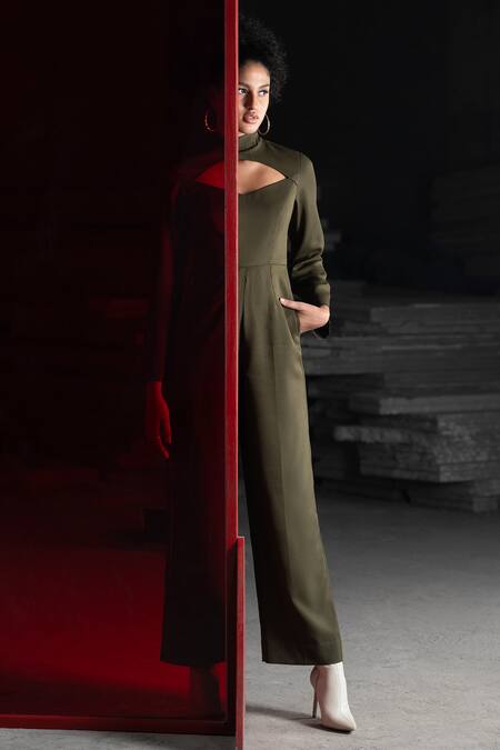 Pocketful Of Cherrie_Green Crepe Embroidery Asymmetric Cut-out Bodice Jumpsuit_Online_at_Aza_Fashions