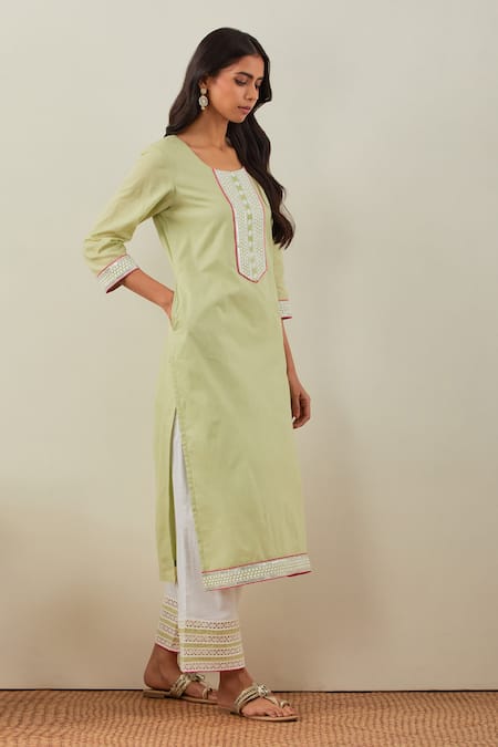The Indian Cause_Green Cotton Embroidery, Sequins Round Neck Rozana Placket Straight Kurta_Online_at_Aza_Fashions