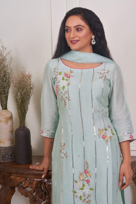 Geetika Jain_Blue Silk, Viscose, Organza Cut Work, Sequins, Embroidery And Resham Kurta Set _Online_at_Aza_Fashions