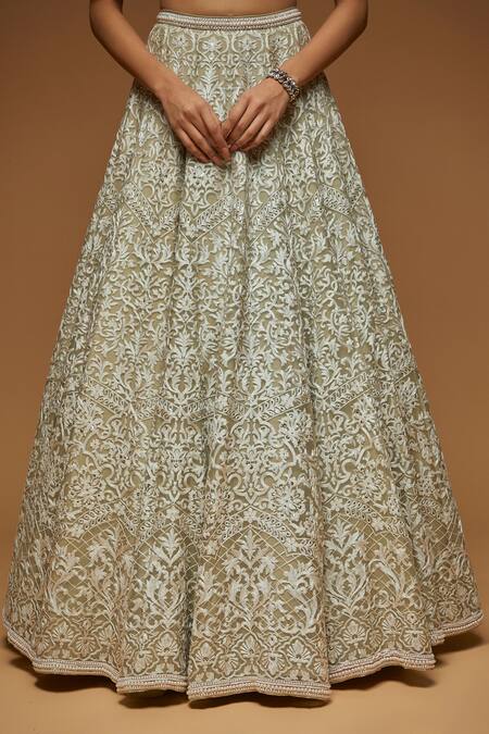 Neeta Lulla_Silver Organza, Tulle Beads, Embroidery Asymmetric Asmi Bridal Lehenga Set_Online_at_Aza_Fashions