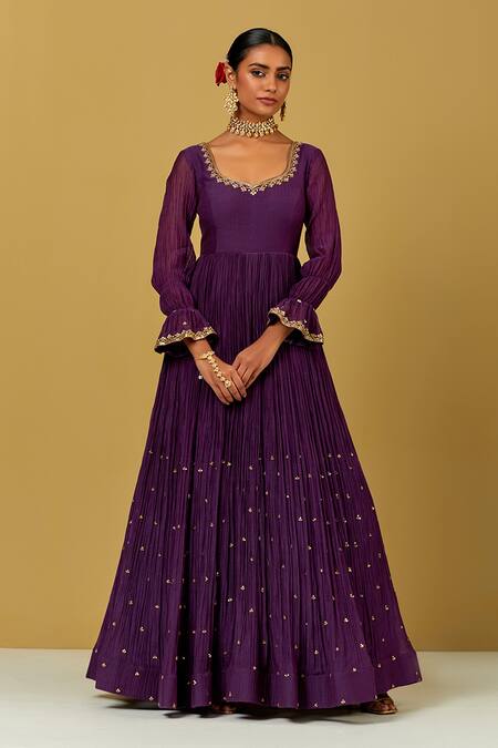 Ikshita Choudhary Purple Chanderi Embroidery V-neck Anarkali With Dupatta Online at Aza Fashions Ikshita Choudhary_Purple Chanderi Embroidery V-neck Anarkali With Dupatta _Online_at_Aza_Fashions