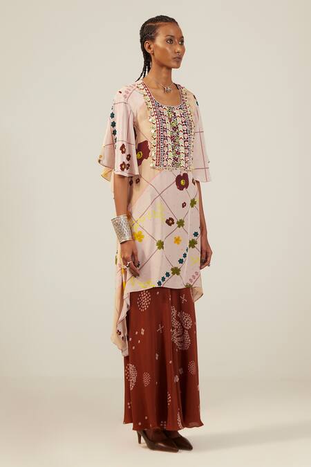 Amka_Beige Crepe Sequins, Beads Round Neck Ambar Printed Kurta And Sharara Set_Online_at_Aza_Fashions