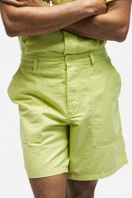 Terra Luna_Green 100% Organic Handloom Oxford Cotton Scout Solid Shorts_Online_at_Aza_Fashions