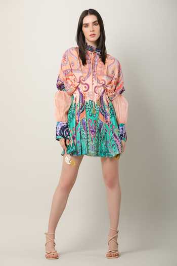 Limerick By Abirr N' Nanki Multi Color Organza, Crepe Tassels High Abstract Floral Pattern Draped Dress Online at Aza Fashions Limerick By Abirr N' Nanki_Multi Color Organza, Crepe Tassels High Abstract Floral Pattern Draped Dress _Online_at_Aza_Fashions