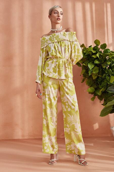 Label Deepika Nagpal_Green Silk Satin Embroidery Off-shoulder Florence Off Frill Top With Belt_Online_at_Aza_Fashions