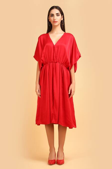 Label Ivish_Red Silk, Satin V-neck Gathered Batwing Sleeve Midi Dress _Online_at_Aza_Fashions