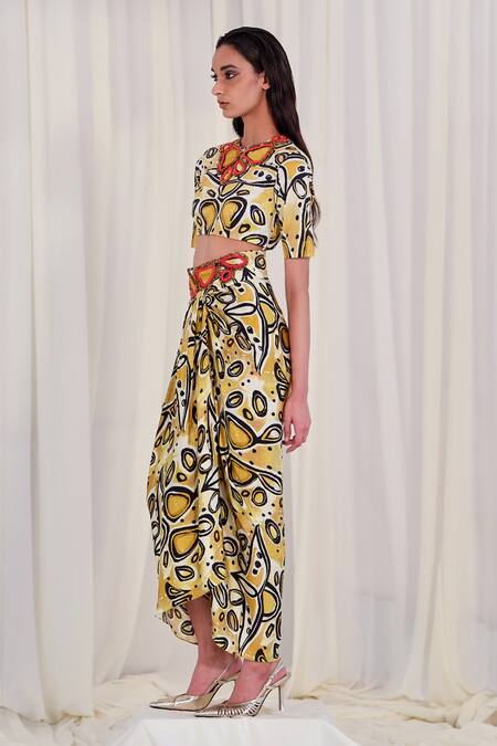 AK-OK Black Silk Embroidery Round Neck Abstract Print Crop Top And Skirt Set Online at Aza Fashions AK-OK_Black Silk Embroidery Round Neck Abstract Print Crop Top And Skirt Set _Online_at_Aza_Fashions