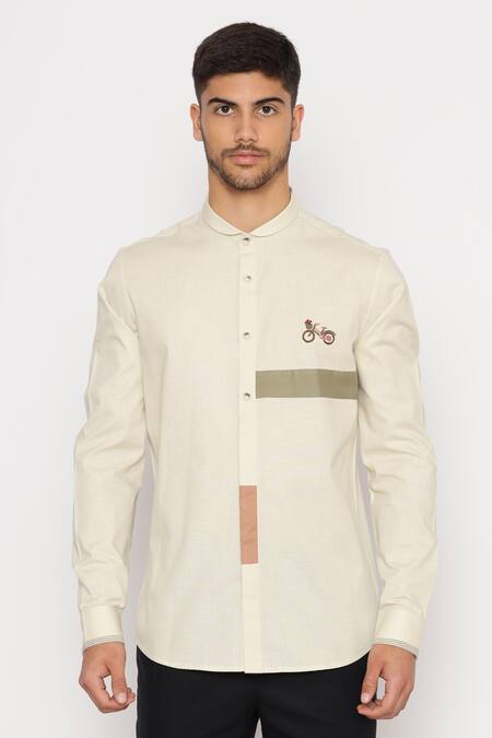 Lacquer Embassy_Green Cotton Embroidery Hand Bicycle Motif Shirt _Online_at_Aza_Fashions