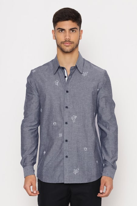 Lacquer Embassy Blue Cotton Embroidery Abstract Motif Chambray Shirt Online at Aza Fashions Lacquer Embassy_Blue Cotton Embroidery Abstract Motif Chambray Shirt _Online_at_Aza_Fashions