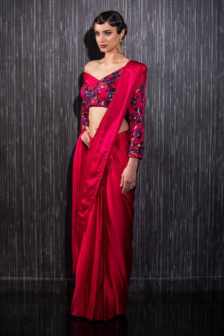 Shilpi Gupta_Fuchsia Lycra, Silk Satin Embroidery One Nalki Pre-draped Saree With Blouse _Online_at_Aza_Fashions