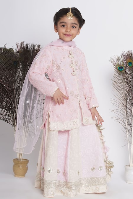 Little Bansi_Pink Cotton, Net Pearls, Gota Patti, Embroidered Floral Kurta Lehenga Set _Online_at_Aza_Fashions