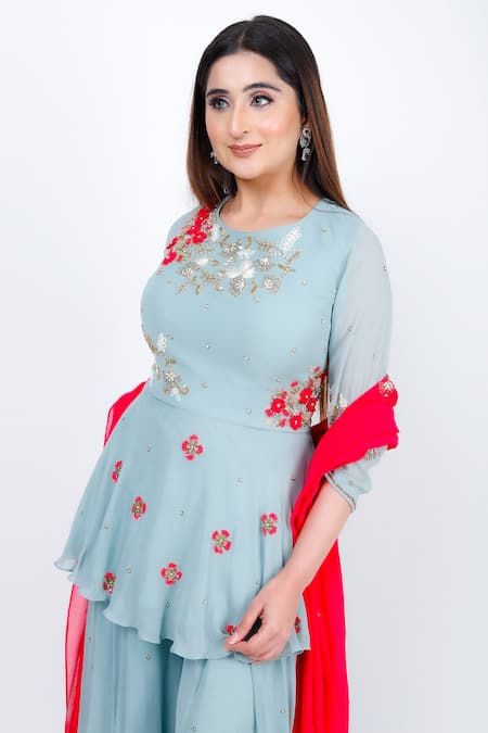 Geetika Jain_Sky Blue Georgette Sequins, Cut Work, Embroidery Round Neck Dana Hand Kurta Set _Online_at_Aza_Fashions
