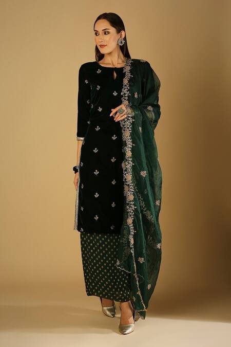 Monk & Mei By Sonia Anand_Green Velvet, Brocade, Georgette Embroidery Keyhole Neck Ruhani Kurta Set _Online_at_Aza_Fashions