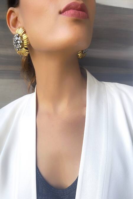 The Jewel Factor_Yellow Crystals Flower Petal Shaped Studs_Online_at_Aza_Fashions