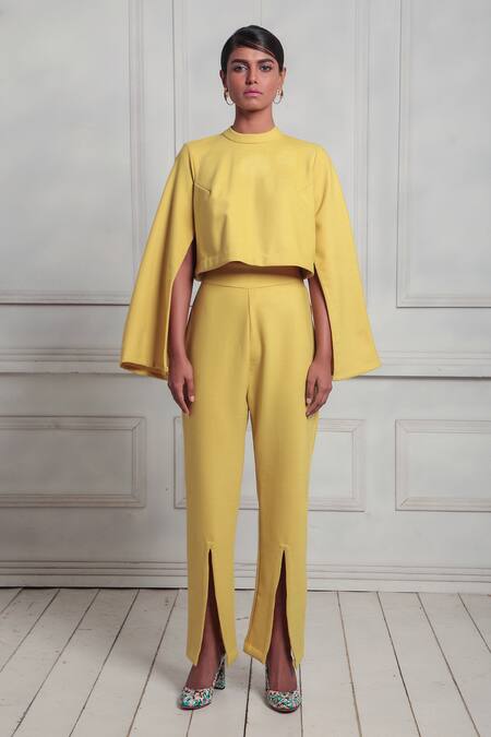 Couché By Anandini_Yellow Crepe Mandarin Collar Plain Box Top And Pant Set _Online_at_Aza_Fashions