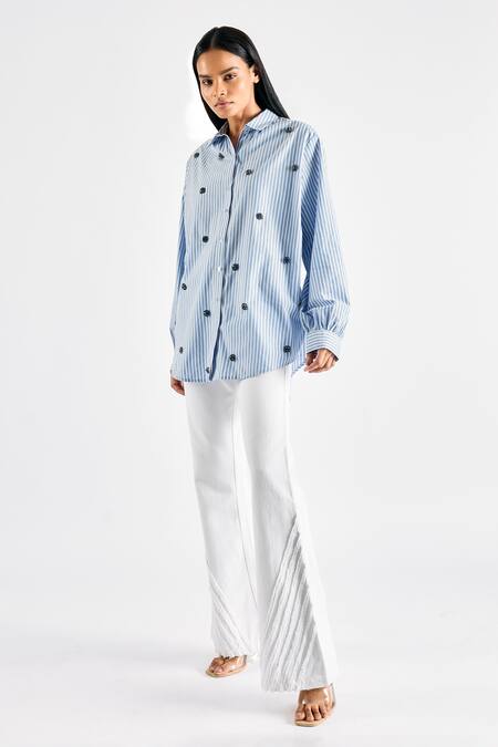 Mellowdrama_Blue Cotton Embroidery Collared Embellished Shirt_Online_at_Aza_Fashions