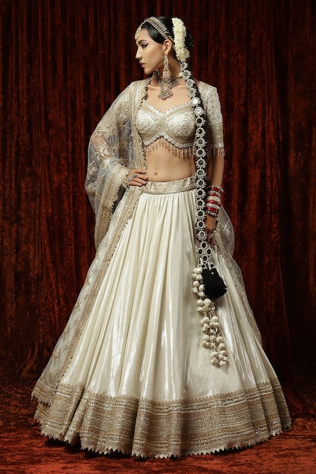 Shikhar Sharma_Silver Lehenga Cotton Simmer Chanderi Embroidered Chandni And Dori Bridal Set _Online_at_Aza_Fashions