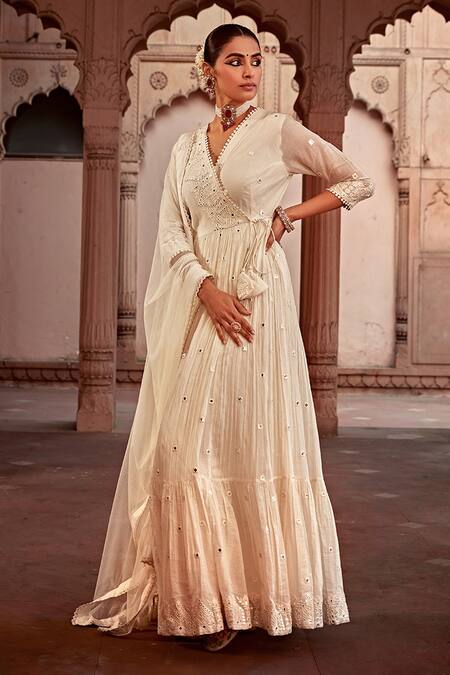 Preevin_Off White Cotton, Tulle, Net Temple Work Angrakha Anarkali With Dupatta_Online_at_Aza_Fashions