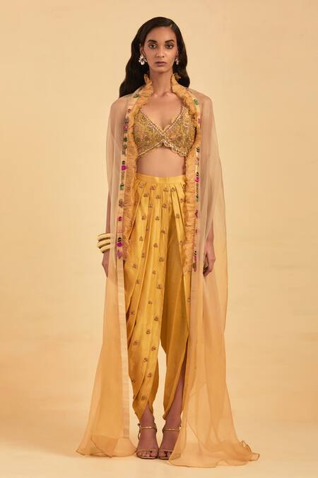 Aum By Asit And Ashima Yellow Modal Satin Embroidery Flower V Neck Organza Cape Dhoti Pant Set Online at Aza Fashions Aum By Asit And Ashima_Yellow Modal Satin Embroidery Flower V Neck Organza Cape Dhoti Pant Set_Online_at_Aza_Fashions