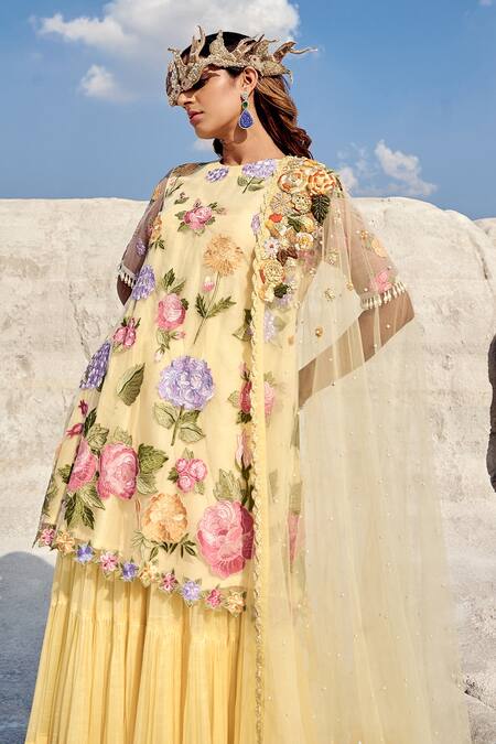 Nikita Vishakha_Yellow Organza, Modal, Mohair Embroidery, Pearls Round Neck Floral Kurta Set _Online_at_Aza_Fashions