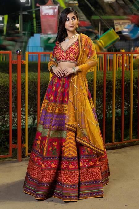 Irrau By Samir Mantri Multi Color Net, Silk Sequins, Embroidery, Gota Printed Panelled Lehenga Set Online at Aza Fashions Irrau By Samir Mantri_Multi Color Net, Silk Sequins, Embroidery, Gota Printed Panelled Lehenga Set _Online_at_Aza_Fashions