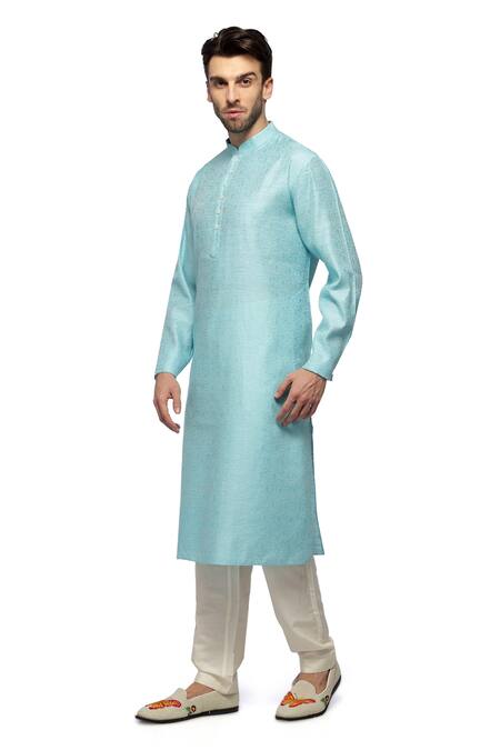 A!A By Abrar Ali Blue Cotton Silk Textured Floral Kurta With Churidar Online at Aza Fashions A!A By Abrar Ali_Blue Cotton Silk Textured Floral Kurta With Churidar_Online_at_Aza_Fashions