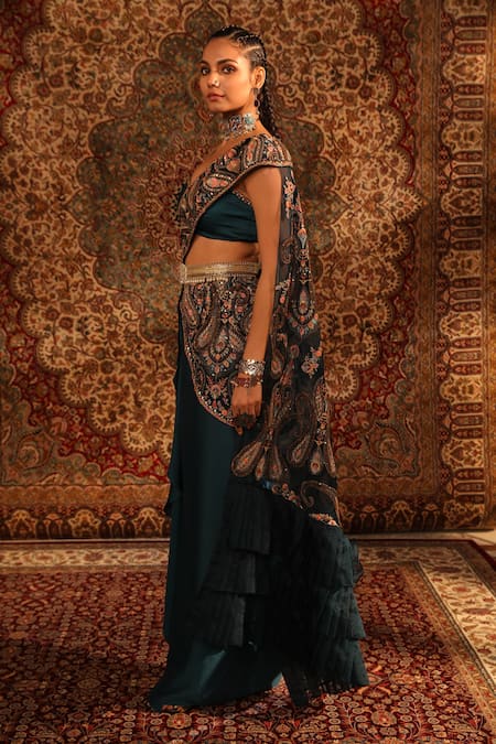 Aditi Gupta_Green Satin Woven And Embroidered Jamawar Pattern & Pre-draped Saree With Blouse _Online_at_Aza_Fashions