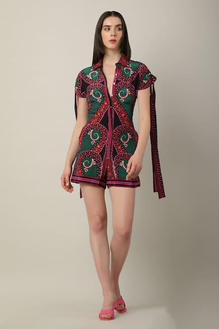 Limerick By Abirr N' Nanki Multi Color Crepe Collared Tira Button Down Playsuit Online at Aza Fashions Limerick By Abirr N' Nanki_Multi Color Crepe Collared Tira Button Down Playsuit _Online_at_Aza_Fashions