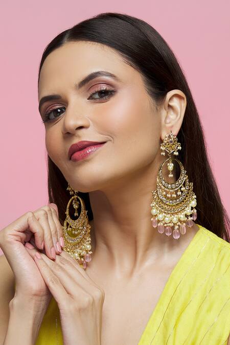 Shop_Kiara_Gold Plated Crystals, Pearls Kundan Stone Embellished Chandbalis_Online_at_Aza_Fashions