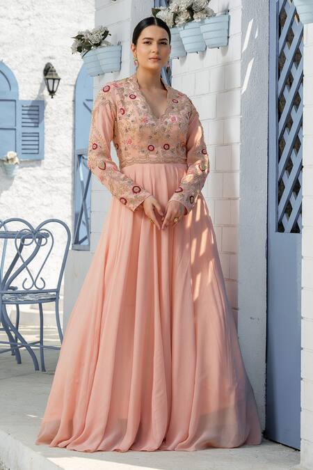 Tamaraa By Tahani_Peach Crepe, Chiffon Embroidery, Sequins Scoop Bodice Anarkali With Dupatta _Online_at_Aza_Fashions