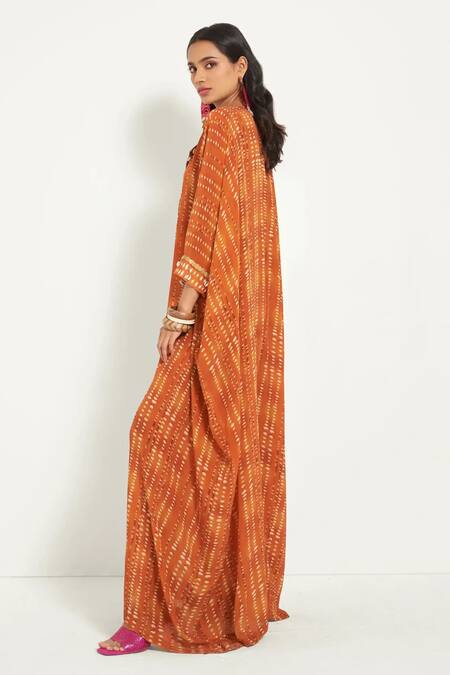 Style Junkiie_Orange Crepe Collared Printed Jumpsuit _Online_at_Aza_Fashions