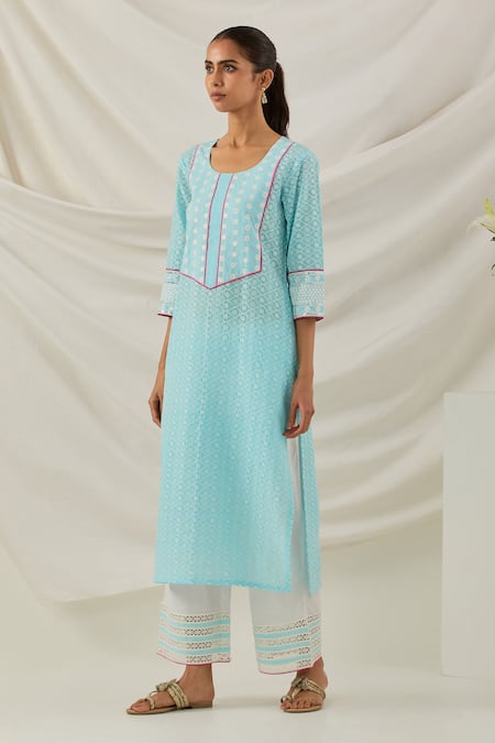 The Indian Cause Blue Cotton Sequins, Embroidery Round Geometric Chikankari Kurta With Palazzo Online at Aza Fashions The Indian Cause_Blue Cotton Sequins, Embroidery Round Geometric Chikankari Kurta With Palazzo_Online_at_Aza_Fashions