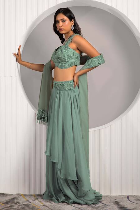 Jade By Ashima_Green Georgette, Crepe, Organza Beads, Ruffle Draped Skirt Blouse Set _Online_at_Aza_Fashions