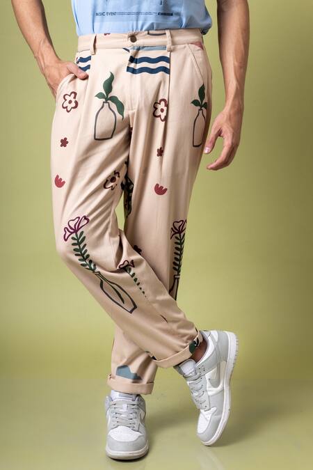 Doodlage_Beige Twill Printed Abstract Darius Pleated Pant_Online_at_Aza_Fashions