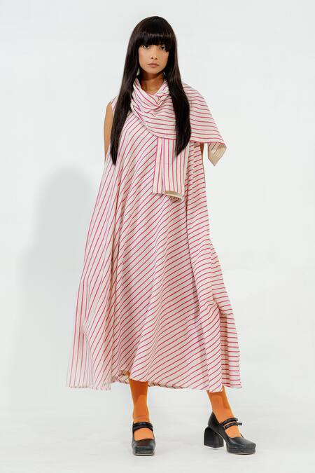 Stoique_Off White Cotton, Muslin Plunge Neck Soy Stripe Print Dress _Online_at_Aza_Fashions