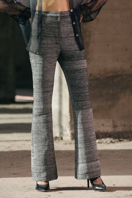 Akhl_Black Tulle Embroidered Hand Textured Trousers _Online_at_Aza_Fashions