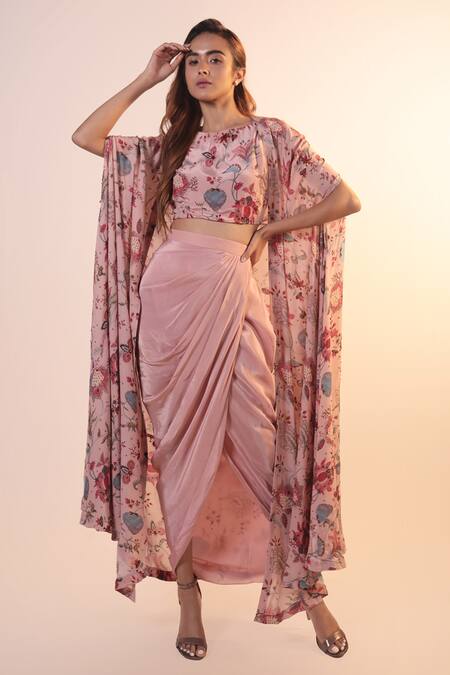Label Shristi Chetani_Pink Crepe, Georgette Beads Round Neck Floral Pattern Cape Skirt Set_Online_at_Aza_Fashions