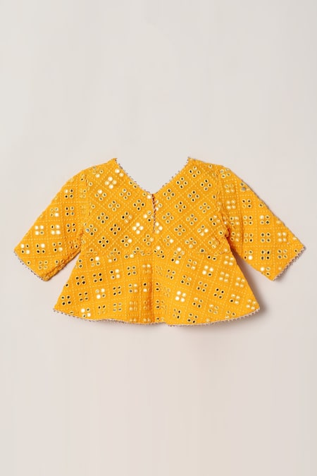 Byb Premium_Yellow Georgette, Silk Mirrors Work Blouse Skirt Set _Online_at_Aza_Fashions