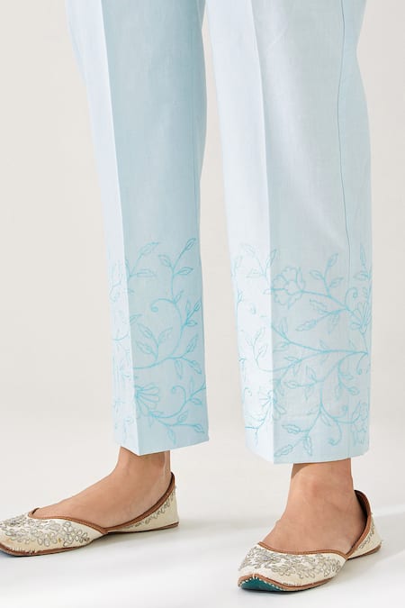 Anantaa By Roohi_Blue Cotton Embroidery Floral Vine Hem Palazzo _Online_at_Aza_Fashions