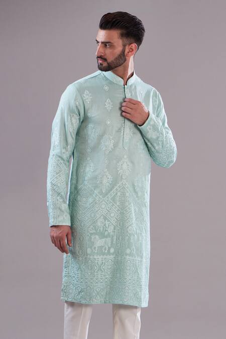 Kasbah Blue Silk, Cotton Embroidery Pure Thread Work Kurta Online at Aza Fashions Kasbah_Blue Silk, Cotton Embroidery Pure Thread Work Kurta _Online_at_Aza_Fashions