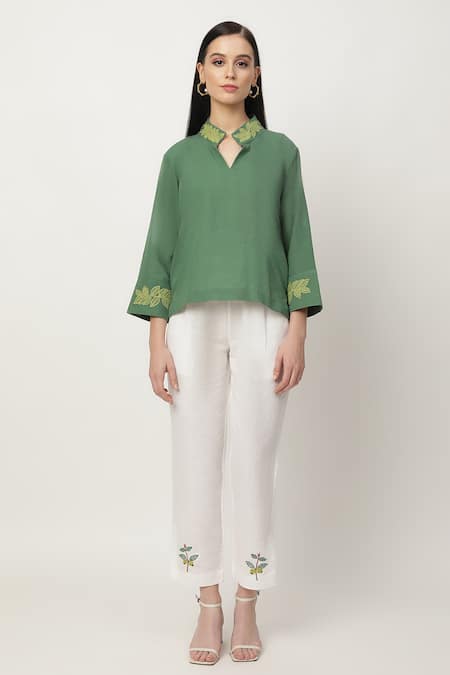 Musal_Green Cotton, Linen Embroidery Collared Jovie Top And Pant Set _Online_at_Aza_Fashions