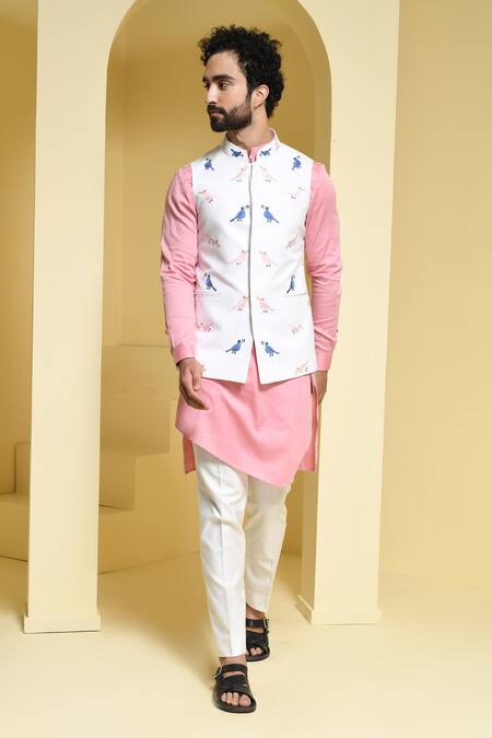 Kustomeyes_White Cotton Embroidery Bird Bundi And Kurta Set _Online_at_Aza_Fashions