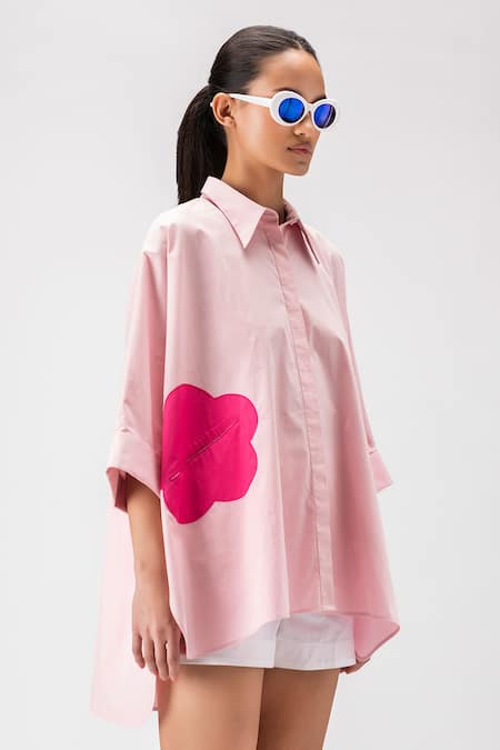 Genes Lecoanet Hemant_Pink , Satin Embroidery Collared Floral Applique Work Shirt_Online_at_Aza_Fashions
