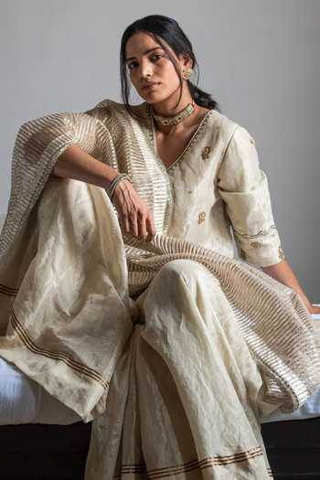 Shorshe Clothing_Ivory Handloom Cotton Embroidery, Lace Tissue Straight Kurta And Gharara Set _Online_at_Aza_Fashions