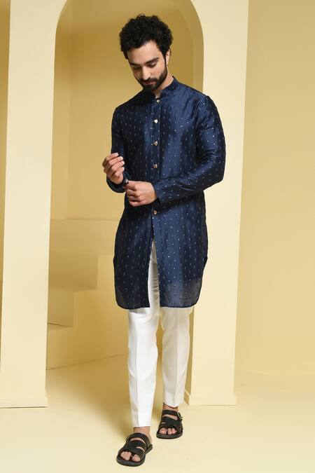 Kustomeyes_Blue Silk Sequins Embroidered Kurta And Pant Set_Online_at_Aza_Fashions
