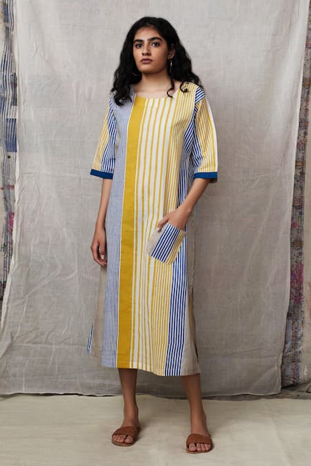 Banana Labs_Blue Cotton Stripe Round Printed Dress With Overshirt _Online_at_Aza_Fashions