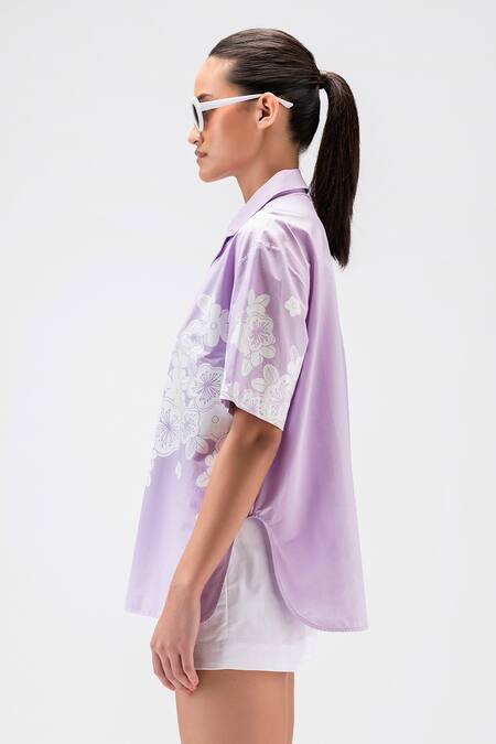Genes Lecoanet Hemant_Purple , Satin Collared Floral Print Cuban Shirt_Online_at_Aza_Fashions