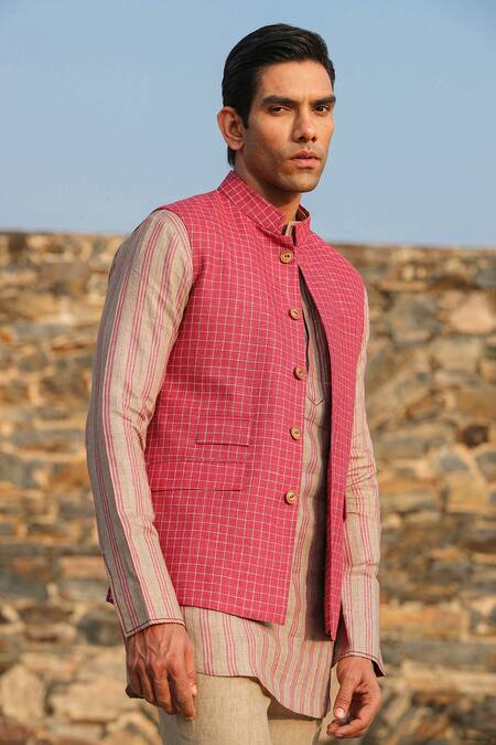 Raw & Rustic By Niti Bothra_Red Linen Embroidery Bundi And Striped Kurta Set _Online_at_Aza_Fashions