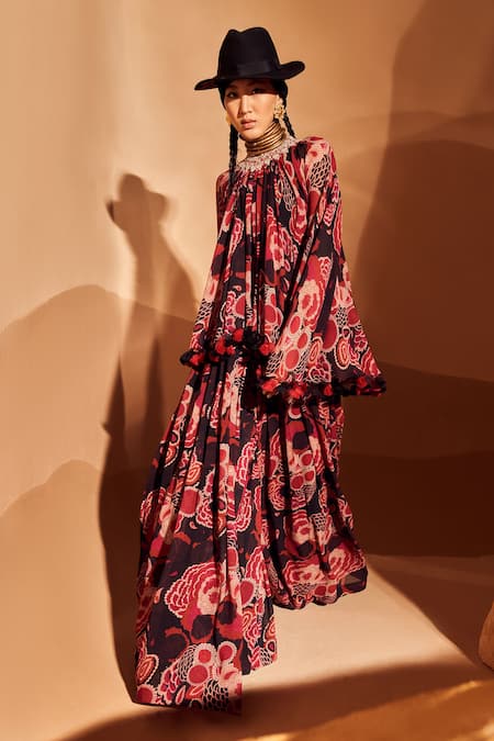 Bhumika Sharma_Black Georgette Tassels, Embroidery Round Printed Poncho Top And Flared Pant Set _Online_at_Aza_Fashions